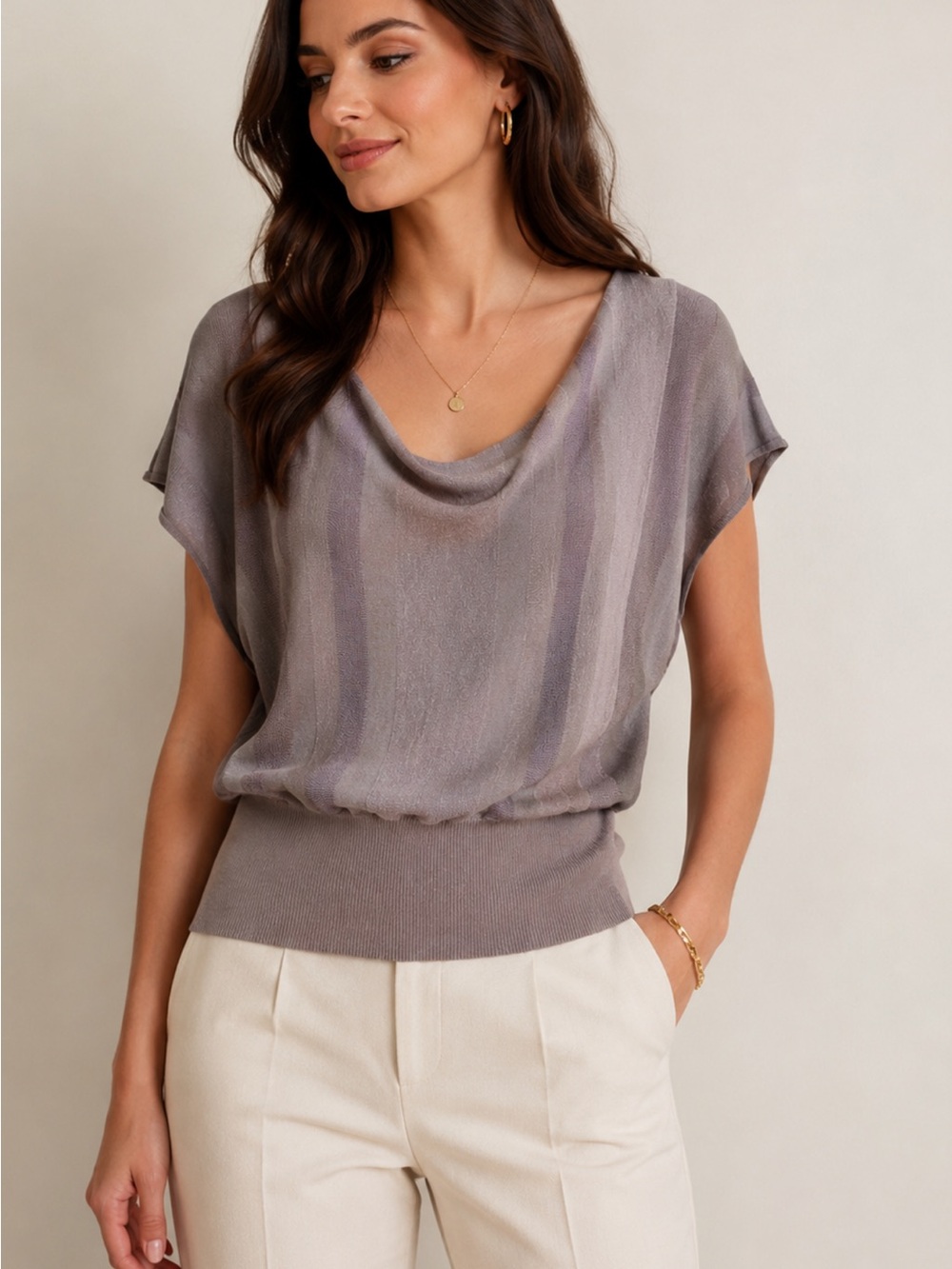 The Limited XS Taupe Fine Gauge Knit Dolman Sleeve Blouson Top Draped Neck